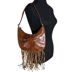 LE CHATEAU Brown Faux Leather Boho Shoulder Bag Fringe Flower Zipper Coastal